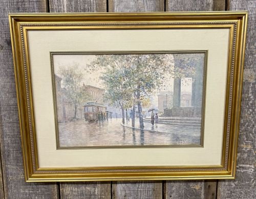 Paul Sawyier (1865-1917), Main Street Trolley, Limited Edition Print: This lot features a photomechanical lithographic reproduction titled Main Street Trolley, based on an original watercolor by American artist Paul Sawyier (1865-1917). The composition illustrates a rai