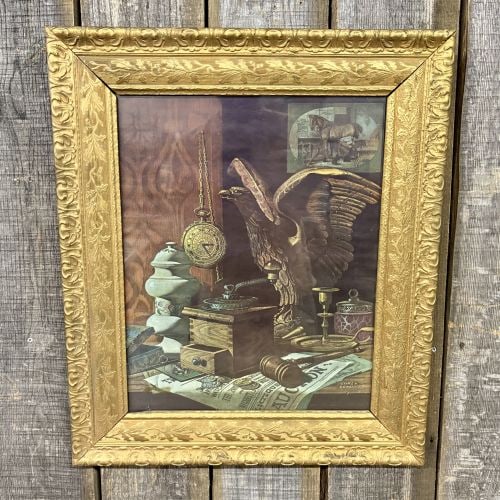 Luke Doheny, Vintage Offset Lithograph, Not So Long Ago: This item is a vintage commercial offset lithograph titled Not So Long Ago by artist Luke Doheny. The artwork depicts an Americana still life featuring an arrangement of antiques including a golden ea