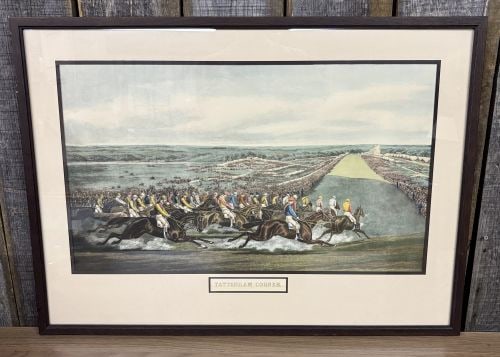 After Henry Alken, Tattenham Corner Color Print: This framed color print, titled Tattenham Corner, captures a high-action horse racing scene at the famous bend of the Epsom Downs Racecourse. The image depicts a large field of jockeys in vibrant silk