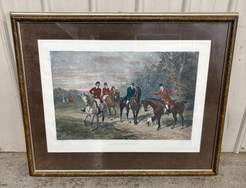 Large Framed English Fox Hunting Print, A Real Good Story: Large-scale color print, likely a photogravure, titled A REAL GOOD STORY, attributed to Heywood Hardy. The scene depicts a classic English equestrian fox hunting party with five huntsmen on horseback 