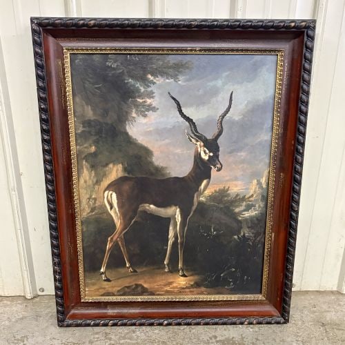Large Framed Decorative Print After Jean-Baptiste Oudry, Indian Blackbuck: This is a large contemporary decorative print after the 1739 oil painting Indian Blackbuck by Jean-Baptiste Oudry (French, 1686-1755). The work depicts a male antelope in a Romanticist-style landscape