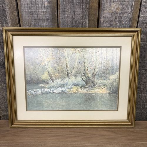 Paul Sawyier (American, 1865-1917), Dix River - Fish Trap, Framed Offset Lithograph: An offset lithograph after an original watercolor by American regionalist artist Paul Sawyier (1865–1917), titled Dix River - Fish Trap. The composition illustrates a river scene featuring prominent