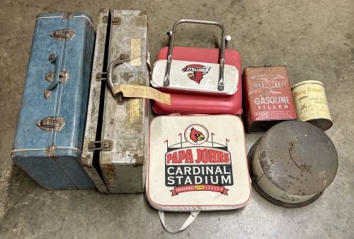 An Assortment of Vintage Luggage, University of Louisville Sports Memorabilia, and Advertising Tins (1 of 4)