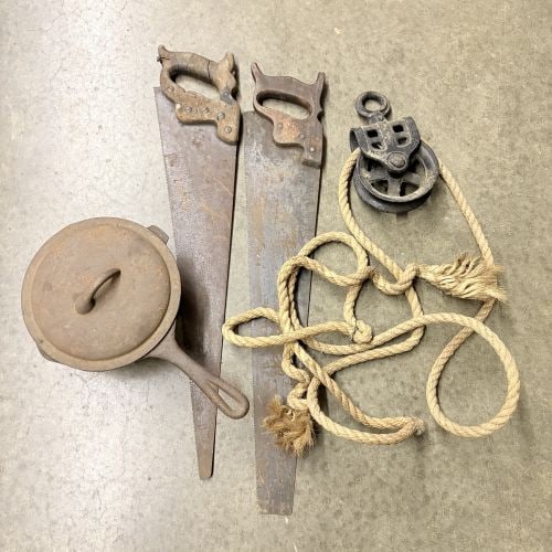 A Collection of Antique and Vintage Utilitarian Items Including Hand Saws and Cast Iron Hardware (1 of 5)
