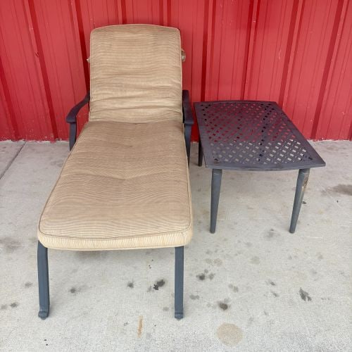 Two-Piece Metal Outdoor Patio Set Including Adjustable Chaise Lounge and Side Table: SHIPPING NOT AVAILABLE, FOR PICK UP OR TRANSPORT ONLY - This outdoor furniture set includes an adjustable chaise lounge and a matching rectangular side table. The frames are constructed of metal with 
