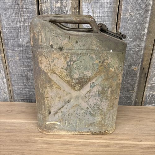 WWII-Era United States Marine Corps 5-Gallon Gasoline Jerry Can: This is a vintage United States Marine Corps (USMC) 5-gallon (20-liter) steel fuel container, commonly known as a Jerry can. The vessel is constructed of welded steel and features the service-specific