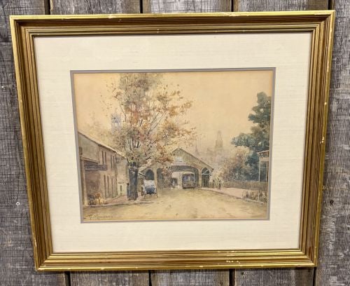 Paul Sawyier (Kentucky, 1865-1917), Covered Bridge in Autumn, Limited Edition Print: A limited edition color print titled Covered Bridge in Autumn, after a watercolor by Kentucky artist Paul Sawyier (1865–1917). The composition features a nostalgic American street scene with a troll