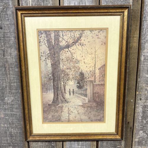 Paul Sawyier, View of Wapping Street, Framed Print: This framed print after an original watercolor by Paul Sawyier (1865-1917) is titled View of Wapping Street. The composition depicts an impressionistic autumnal scene in Frankfort, Kentucky, character