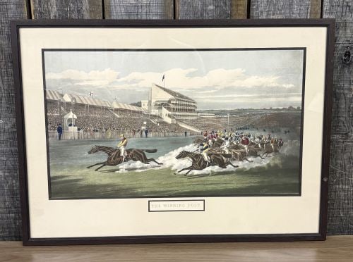 H. Alken, The Winning Post, Framed Hand-Colored Sporting Print: A large framed sporting print titled The Winning Post after an original work by Henry Thomas Alken. The hand-colored engraving or lithograph depicts a horse racing scene at a crowded English racecours