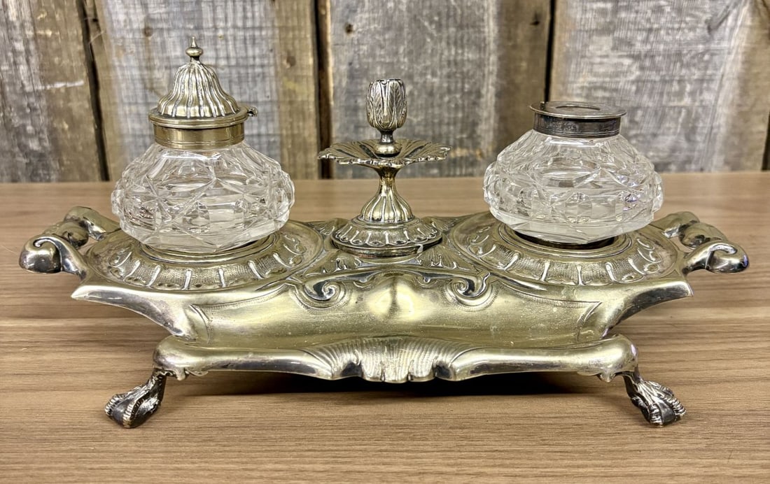 Victorian Silver Plated Rococo Revival Inkstand with Twin Cut Glass Inkwells (1 of 11)
