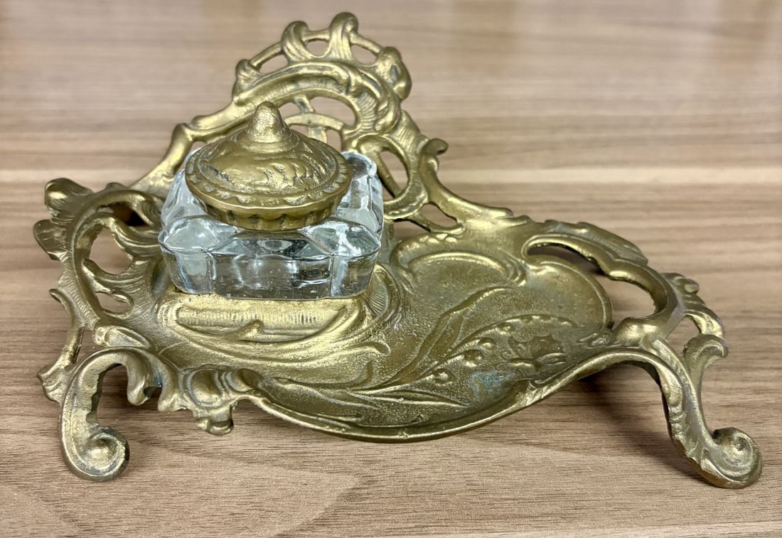Art Nouveau Cast Brass and Glass Desk Inkstand (1 of 9)
