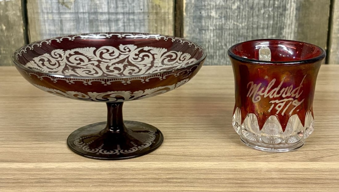 Two Pieces of Ruby Glass including a Bohemian Compote and a 1917 Souvenir Mug (1 of 9)