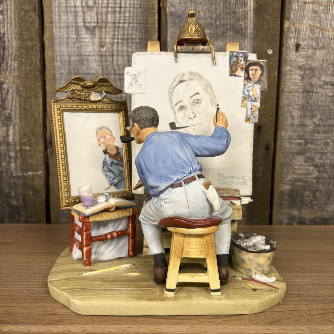 Gorham Norman Rockwell Triple Self Portrait Limited Edition Porcelain Figurine: A hand-painted porcelain figurine titled Self-Portrait, manufactured by Gorham and inspired by Norman Rockwells February 13, 1960 cover illustration for the Saturday Evening Post. The piece depicts th
