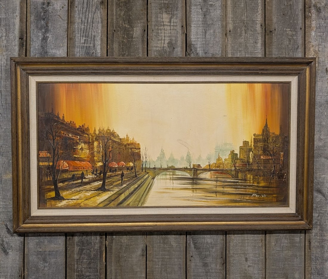 Per'iNe, Mid-Century Modern Parisian Riverside Scene, Oil on Canvas: This large-scale mid-century modern oil on canvas depicts an atmospheric Parisian riverfront scene, signed by the artist Per'iNe in white at the lower right. The composition is a stylized interpretati