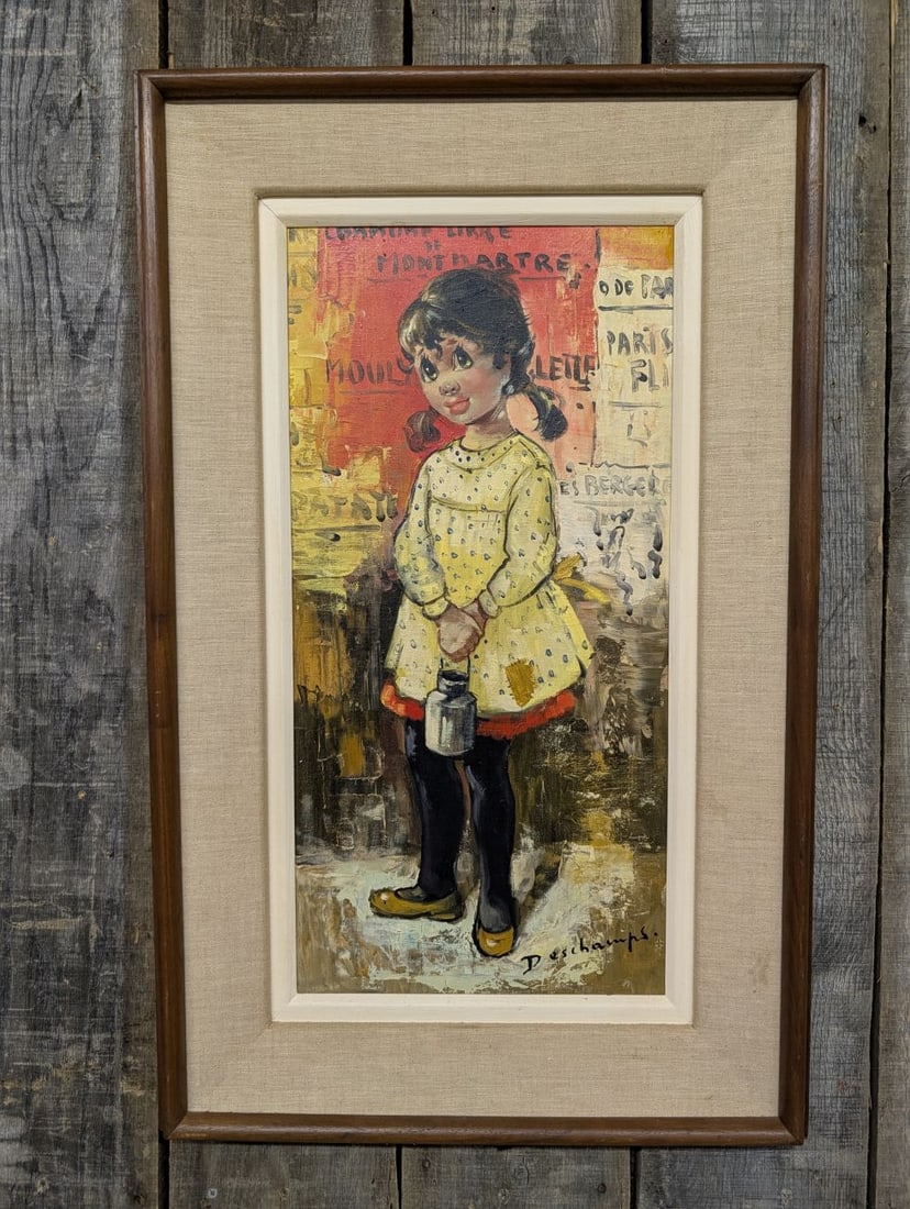 Deschamps, Parisian Urchin Girl with Milk Pail, Mid-Century Oil on Canvas: A mid-century oil on canvas painting by Deschamps depicting a young girl with pigtails in the Parisian urchin or poulbot style. The figure is posed in front of a textured background featuring various 