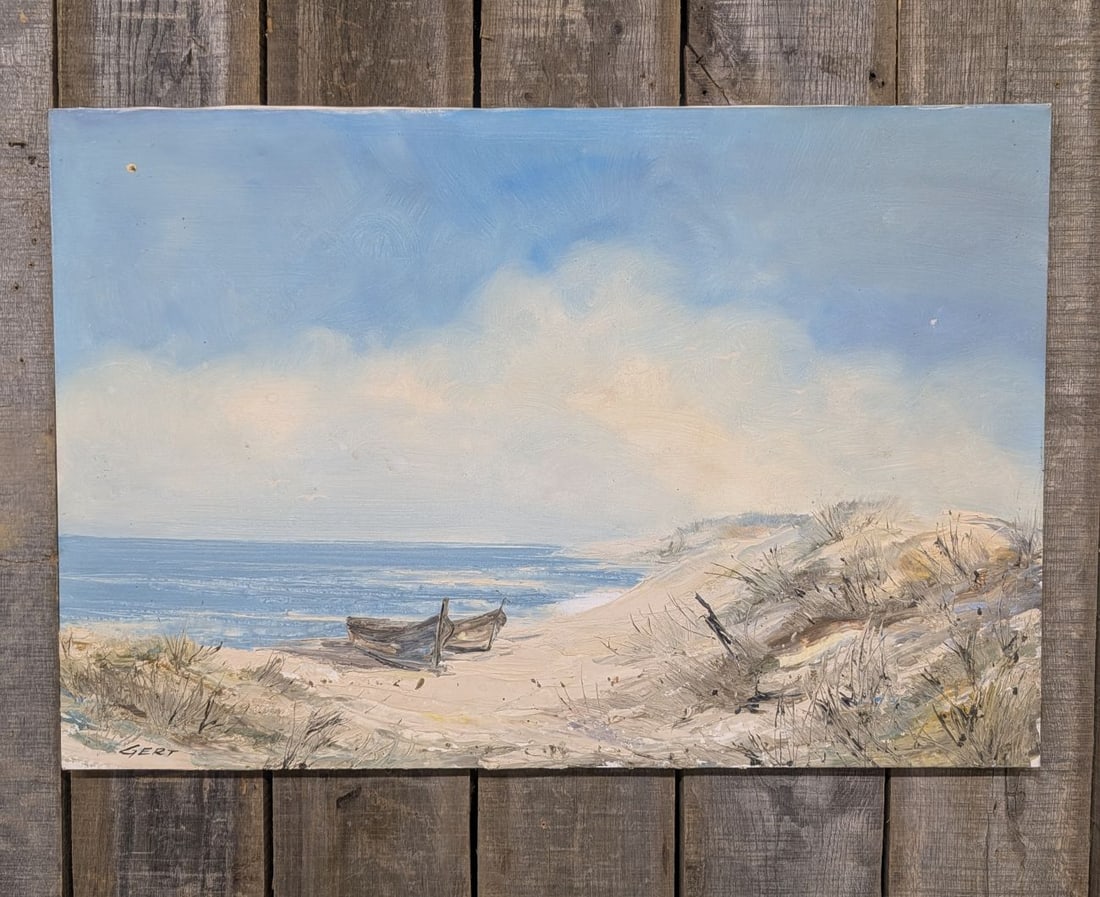 Gert, Coastal Dune Landscape with Beached Rowboats, Oil on Canvas: An oil on stretched canvas landscape painting signed GERT in the lower left corner in black paint. The scene depicts a serene coastal environment with two wooden rowboats resting on a sandy beach. The