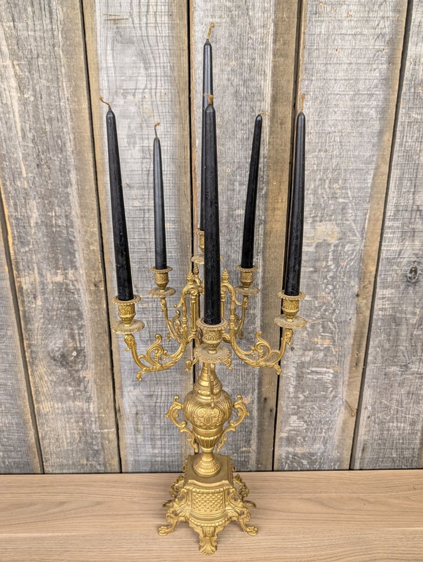 Large French Rococo Revival Cast Brass Six-Light Candelabra: A large six-light candelabra in the French Rococo Revival style, constructed from cast brass with a gold-toned finish. The object is composed of multiple cast components assembled around a central int