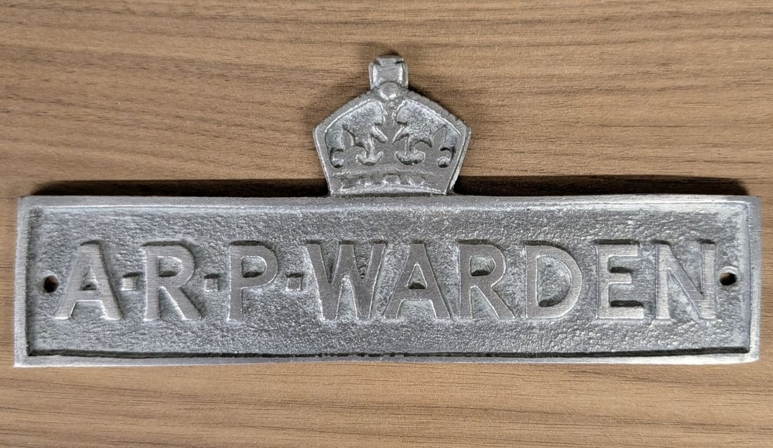 WWII British Civil Defense Air Raid Precautions ARP Warden Cast Metal Post Plaque: This is a cast aluminum alloy plaque used by Air Raid Precautions (ARP) Wardens during World War II in the United Kingdom to identify a designated post or residence. The rectangular sign features a st