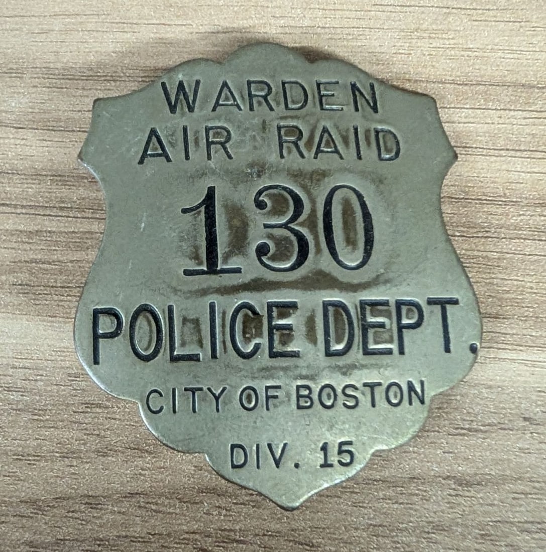WWII City of Boston Police Department Air Raid Warden Badge Division 15: This is an authentic World War II-era civil defense badge issued by the City of Boston Police Department for the Air Raid Warden Service. The shield-shaped badge is constructed of stamped metal, likel