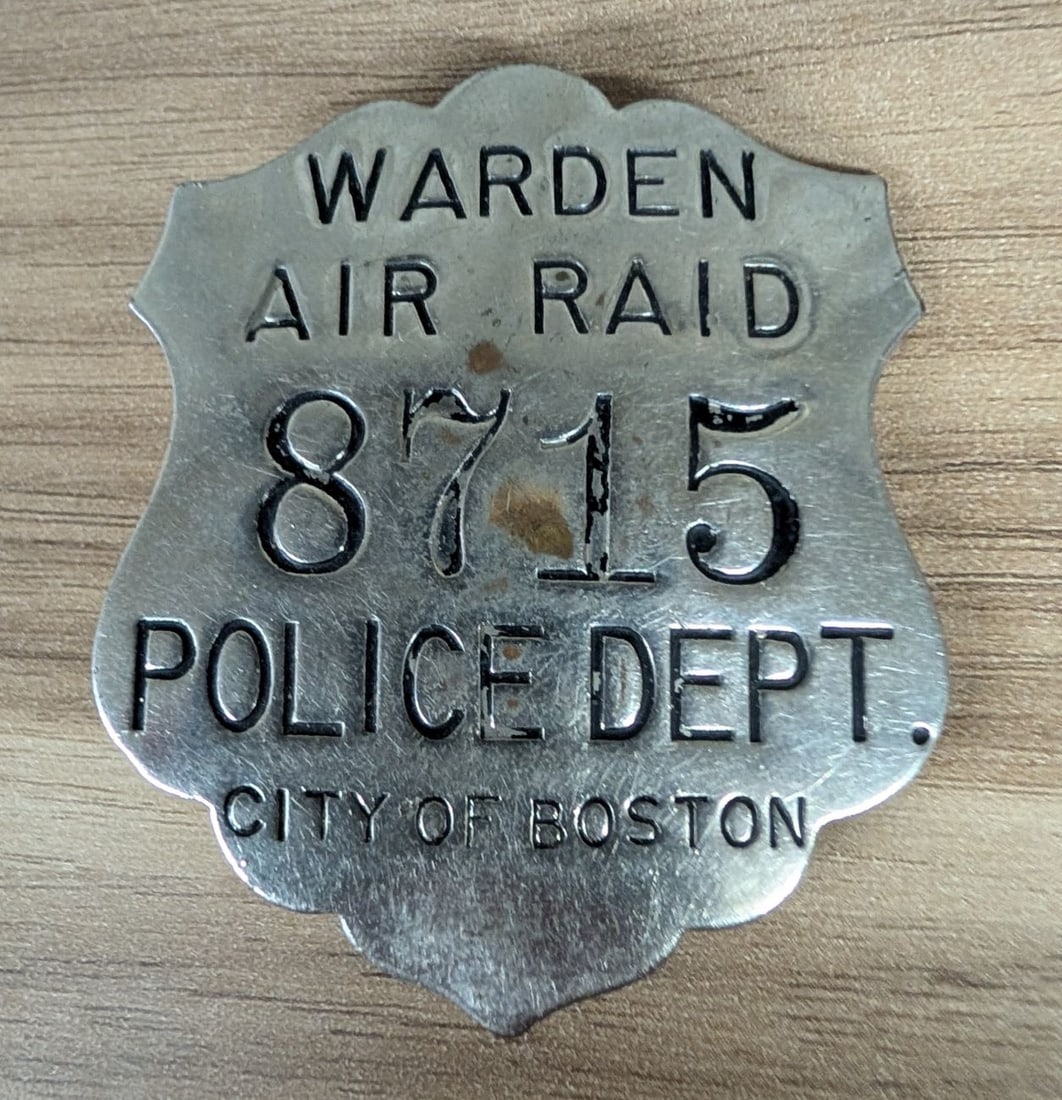 WWII Scovill City of Boston Police Department Air Raid Warden Badge Number 8715 (1 of 3)
