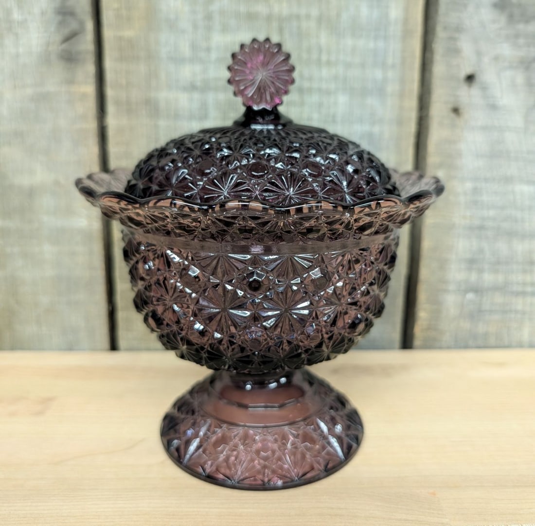 L.E. Smith Amethyst Glass Daisy and Button Pattern Covered Compote (1 of 6)