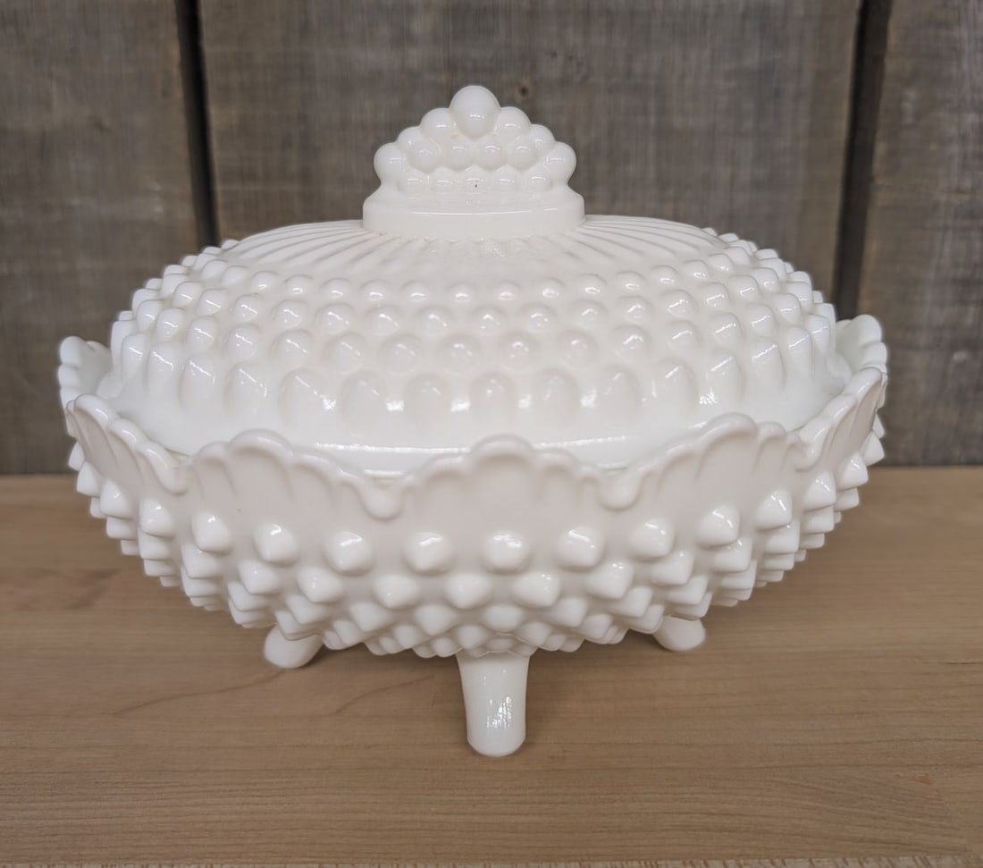 Fenton Hobnail White Milk Glass Oval Footed Covered Candy Dish (1 of 6)