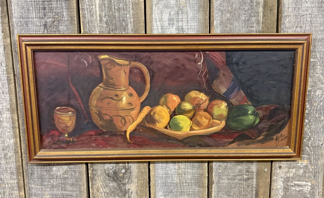 Julia Scott Still Life Oil on Canvas: This modernist still life oil on canvas is signed by Julia Scott in the lower right corner. The composition features a textured ceramic pitcher with swirling decorative motifs, a small goblet, a woode