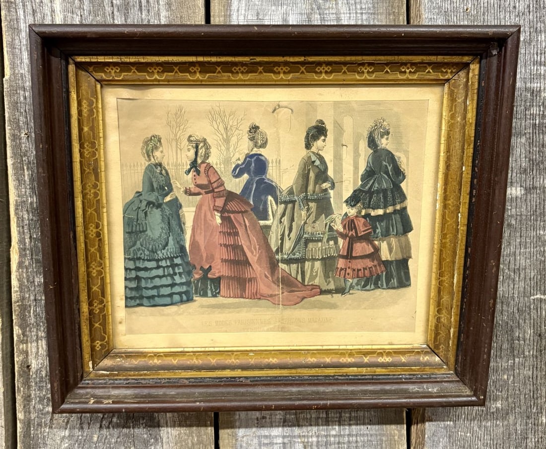 Peterson's Magazine Hand-Colored Steel Engraving Fashion Plate February 1871: This hand-colored steel engraving was originally published for the American periodical Peterson's Magazine and serves as a fashion plate for February 1871. The scene, titled Les Modes Parisiennes, dep