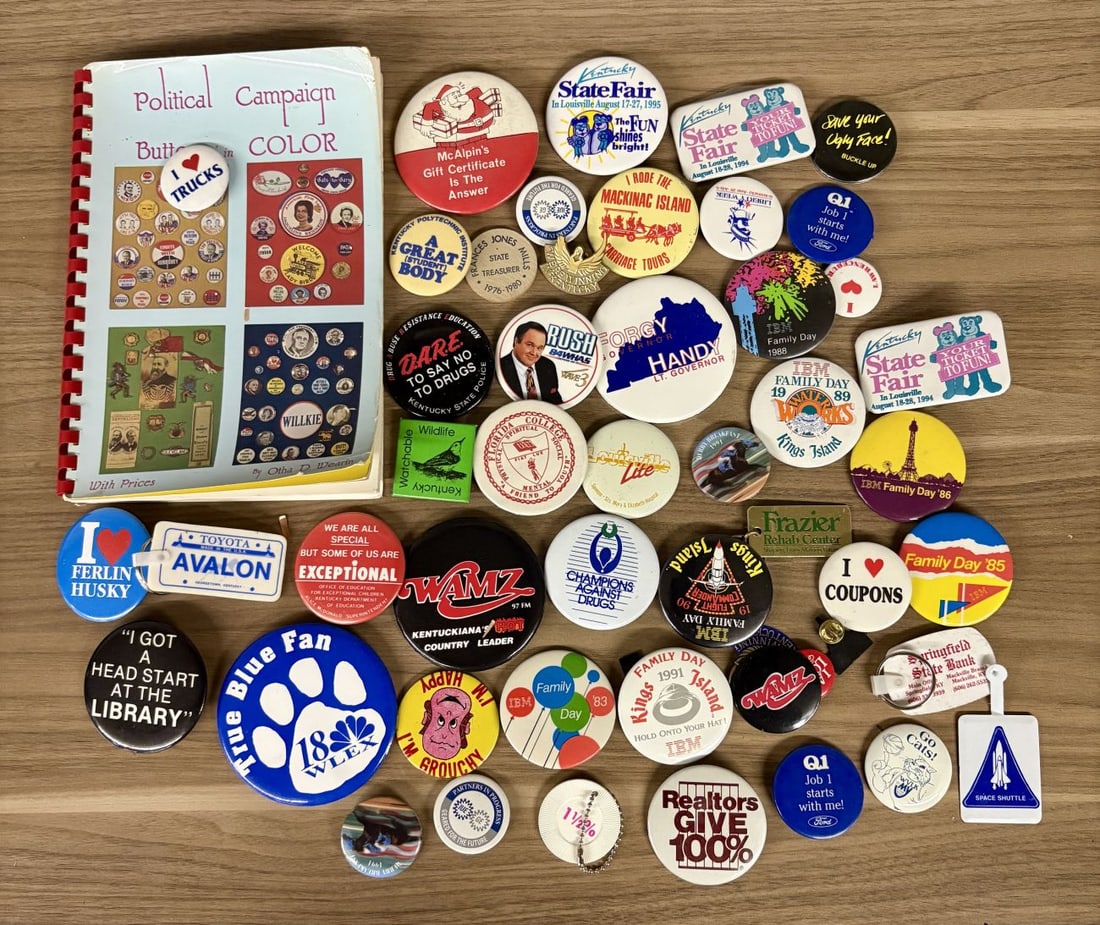 An Assortment of Vintage Pinback Buttons, Keychains, and Political Button Reference Book (1 of 7)