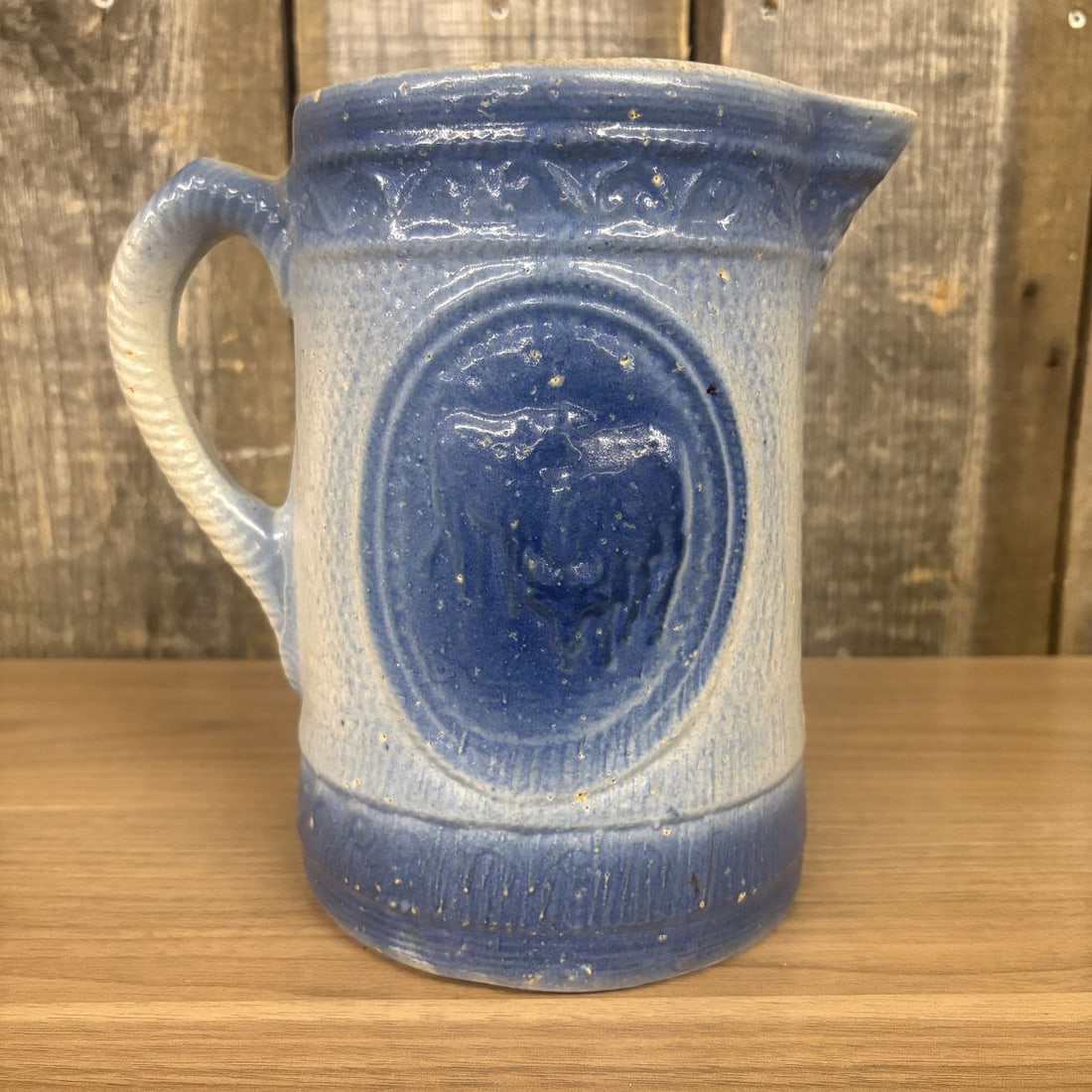 A.E. Hull Blue and White Salt Glaze Stoneware Milk Pitcher with Cow Motif (1 of 9)