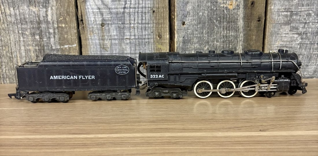 American Flyer S-Gauge New York Central 322 AC Steam Locomotive and Tender: This is an S-gauge toy steam locomotive and matching coal tender produced by The A.C. Gilbert Company under the American Flyer brand. The locomotive is modeled after the New York Central System Hudson