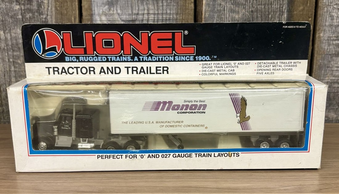 Lionel 6-12783 Tractor and Monon Trailer Set: Lionel semi-truck tractor and trailer set, model number 6-12783, featuring Monon Corporation markings. The set includes a black tractor with Lionel Trucking Co printed on the cab doors and a white tra