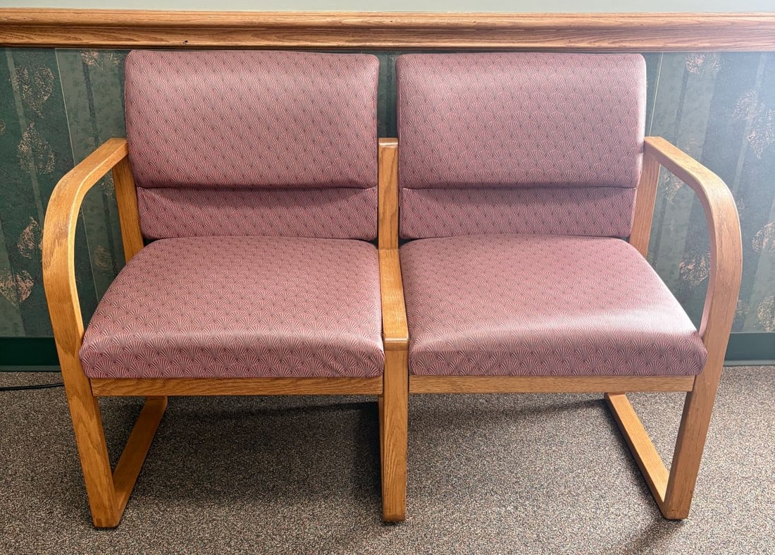 Tandem Two Seat Settee with Bentwood Oak Arms: FOR PICK UP ONLY (Monday 9/28/26 and Tuesday 9/29/26 ONLY) - CAN NOT SHIP! A tandem two seat settee designed for commercial or office environments. The frame is constructed of solid oak with a natural