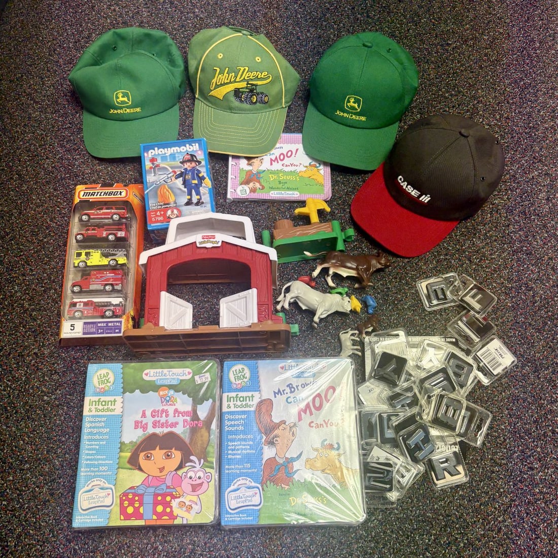 John Deere & Case IH Caps, Matchbox & Playmobil Fire Rescue Sets, Fisher-Price Barn & LeapFrog Inter (1 of 5)
