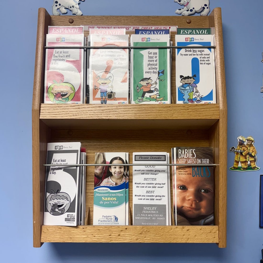 Oak Wall-Mounted Display Rack: This lot comprises a wall-mounted two-tier oak pamphlet rack containing a collection of pediatric health educational materials. The rack is constructed of light-colored oak featuring two shelves with 
