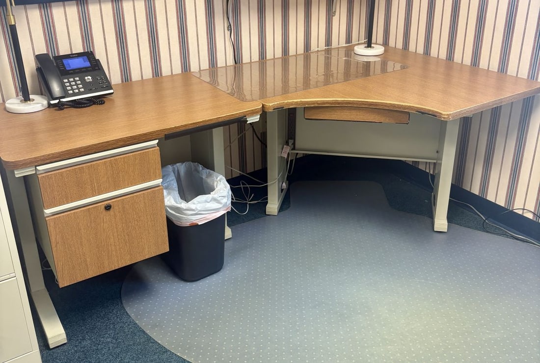 Modular L-Shaped Two-Piece Office Desk with Filing Pedestal and Pencil Drawer: FOR PICK UP ONLY (Monday 9/28/26 and Tuesday 9/29/26 ONLY) - CAN NOT SHIP! A two-piece modular office desk comprising a rectangular return and a larger corner section. The unit is constructed with