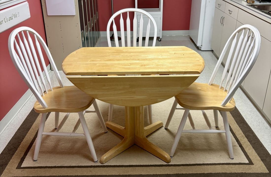 A Four-Piece Two-Tone Wood Drop-Leaf Dining Set Comprising a Pedestal Table and Three Windsor Style (1 of 6)