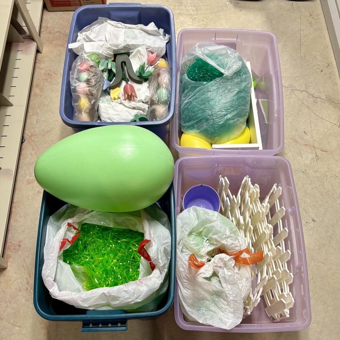 Easter & Religious Holiday Decorations w/ Grand Venture Blow Mold Eggs & Totes: This assorted lot of seasonal and religious decorations includes a variety of secular and faith-based items along with four large plastic storage containers. The collection features two cast resin rel