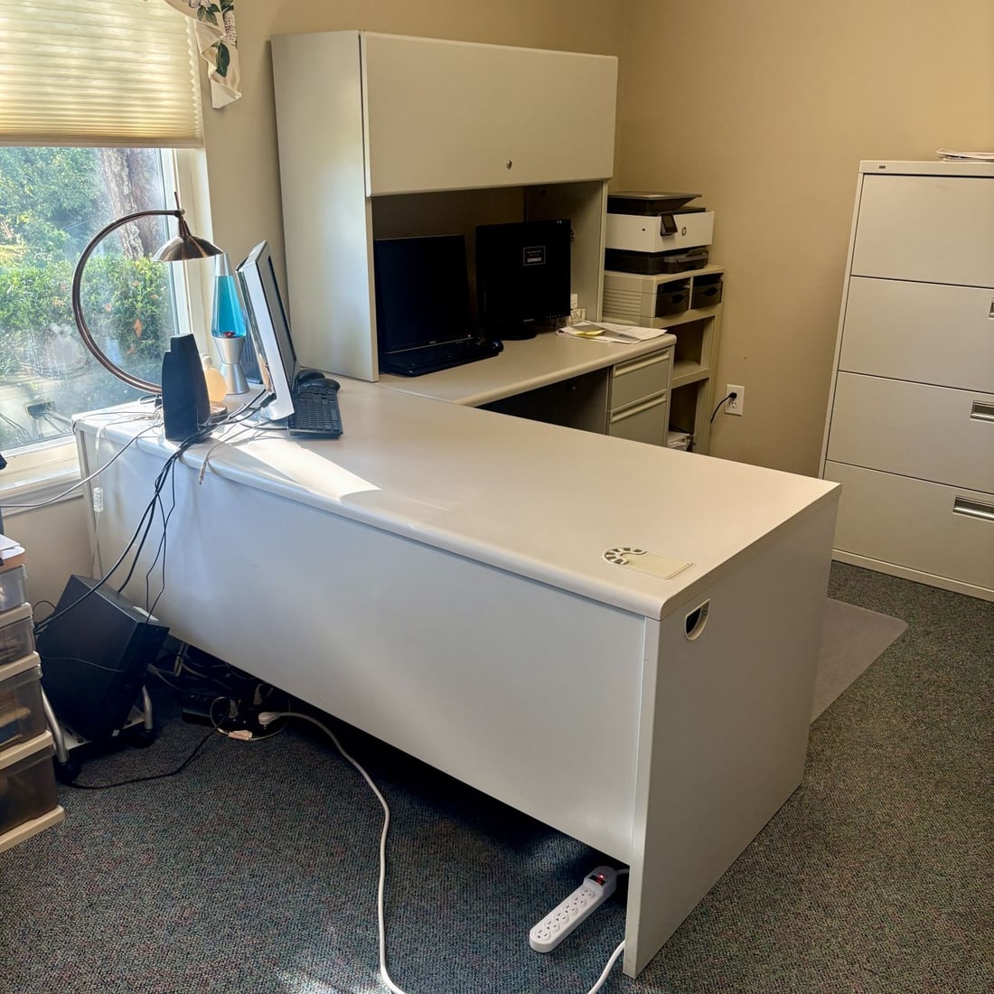 L-Shaped Steel and Laminate Professional Office Desk with Overhead Hutch (1 of 7)