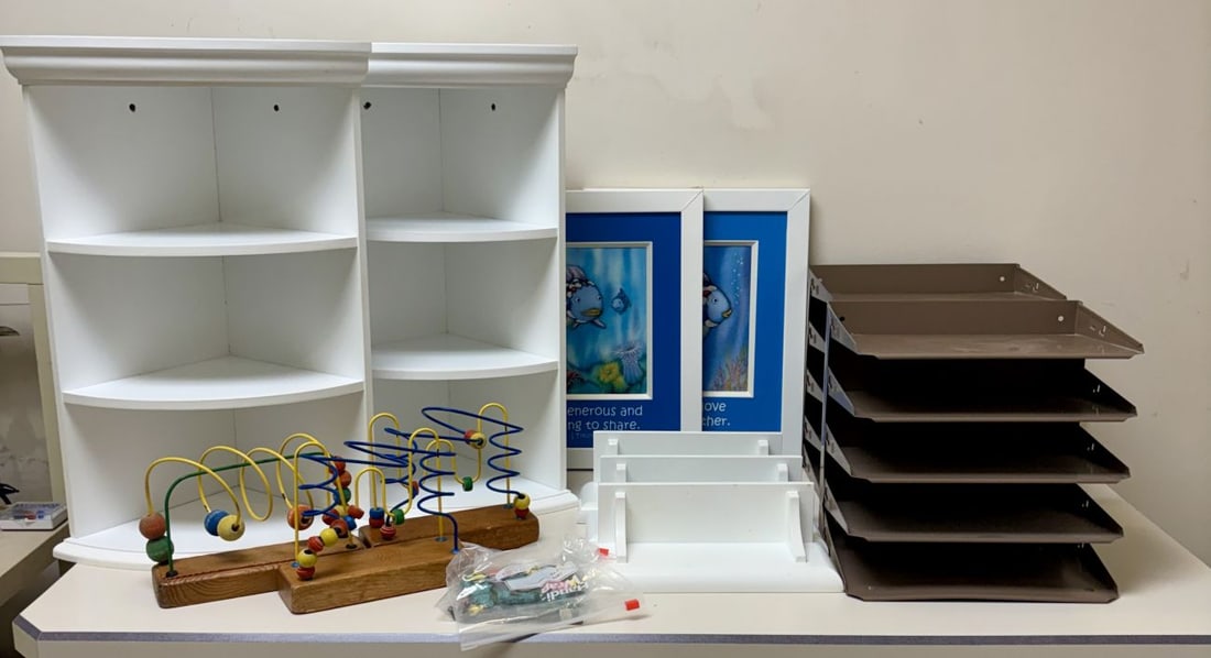 A Collection of Nursery and Office Organizational Items Including Anatex Bead Mazes and Corner Wall: A collection of household, nursery, and office organizational items. The lot includes a pair of three-tier corner wall shelves constructed from white-painted wood or MDF, featuring decorative crown mo
