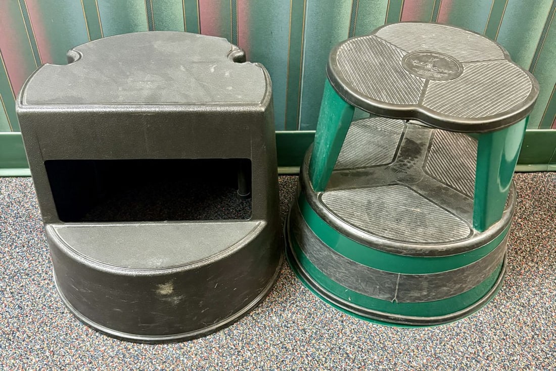Two Utility Step Stools Including a Cramer Kik-Step Rolling Stool and a Molded Plastic Step Stool: This lot comprises two utility step stools designed for industrial or residential use. The first is a forest green metal rolling stool featuring three internal spring-loaded casters that retract