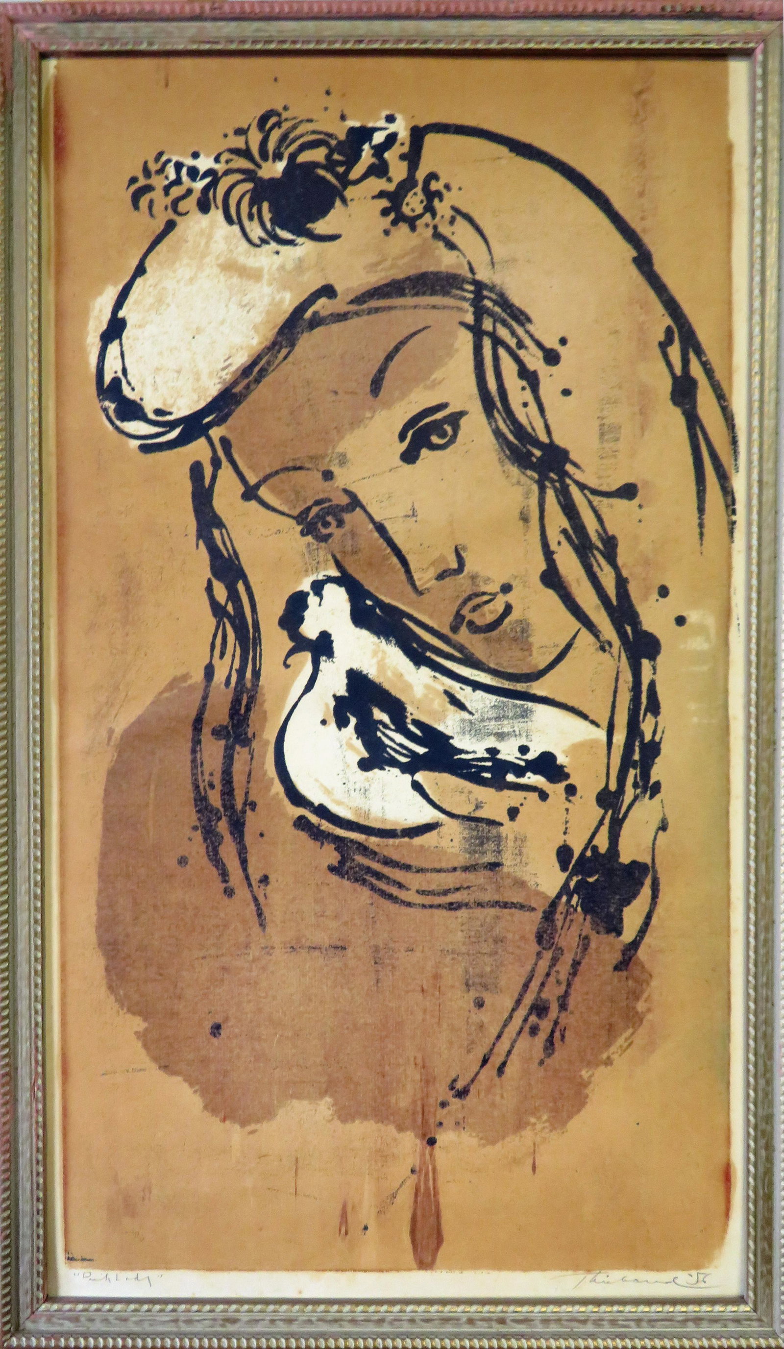 Pink Lady by Wayne Thiebaud: This is an original Wayne Thiebaud screenprint of a young woman in ¾ view nestling a dove against her cheek. Titled in pencil in lower left margin "Pink Lady" and signed in lower right margin i