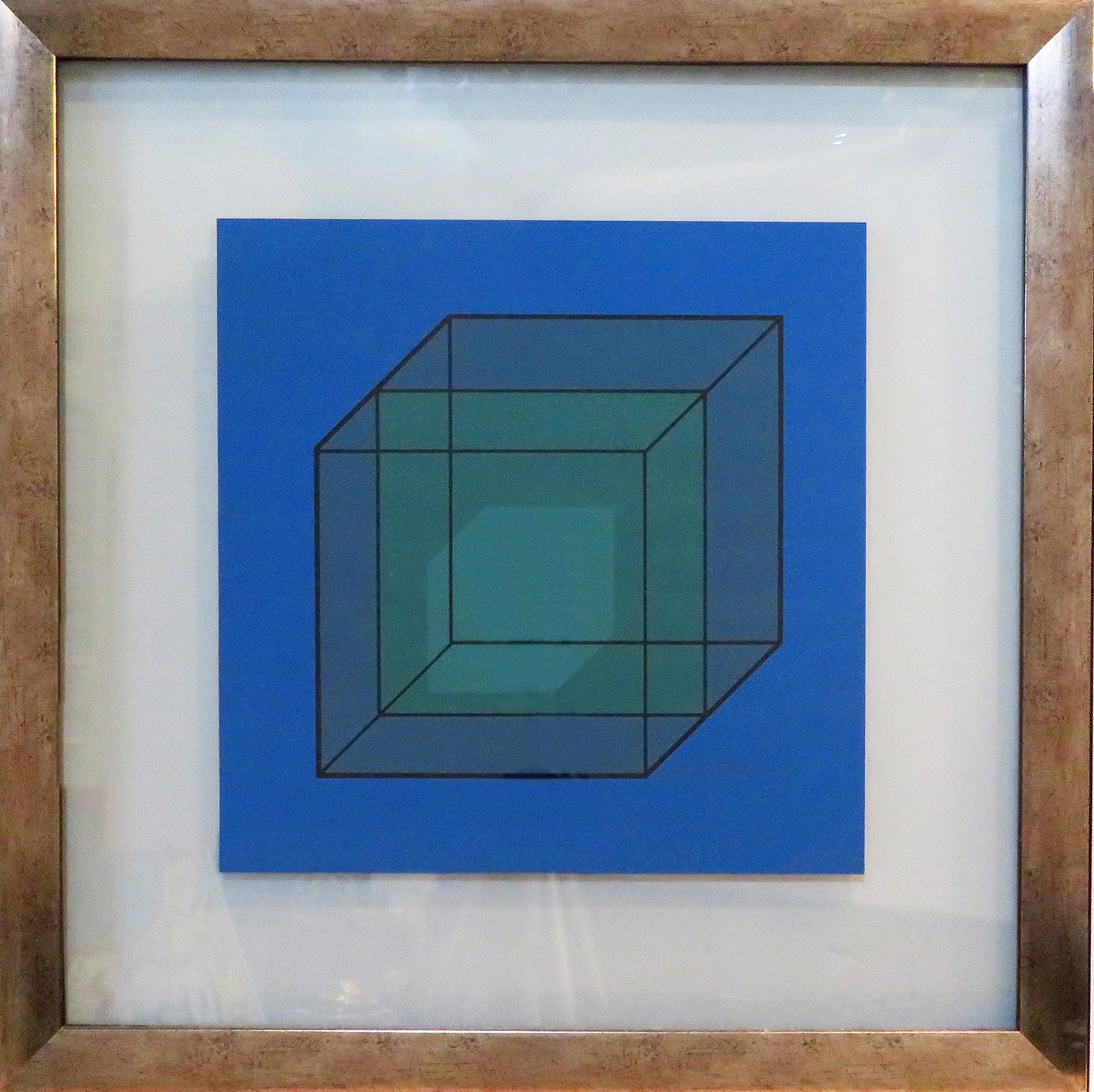 Cuvisiones by Mateo Manaure: This beautiful modern abstract piece shows three squares of different sizes against a vibrant blue background that appear to float due to the strength of the composition. The print is signed by the ar
