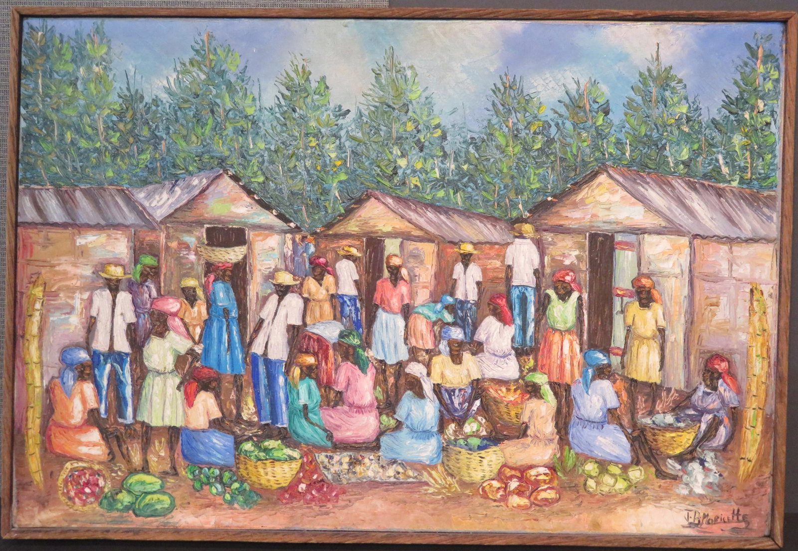 Haitian Market by J.B. Moricette: Vibrant original oil on canvas painting featuring Haitian life by impressionist artist J.B. Moricette. Painting is framed in original textured strip frame from Haiti to 16 ½ x 24 ½ . Moricet