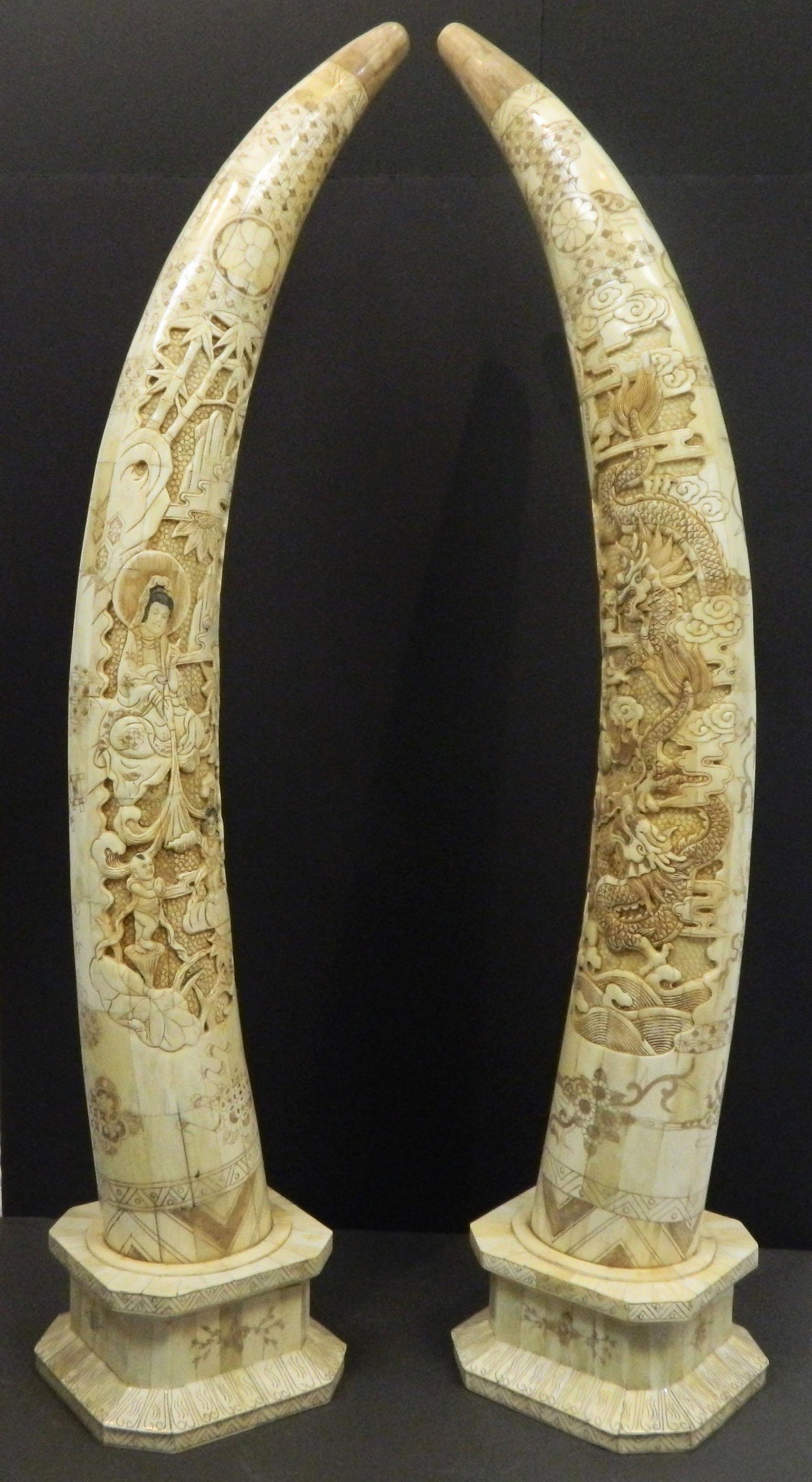 Pair of Large Hand Carved Bone Tusks: Constructed of pieced together and carved cattle bone this pair of hand carved tusks with reliefs and designs stand on beautiful architecturally styled bases of the Han dynasty. The tusks are decorate