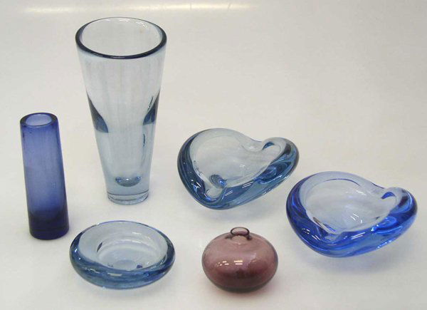 A Lot of Holmegaard and Venini Glass: Comprising two vases and three ashtrays by Per Lutken. Manufactured by Holmegaard. H. (tallest vase) 25 cm (10 in). Sold with a small Venini vase. All pieces signed.