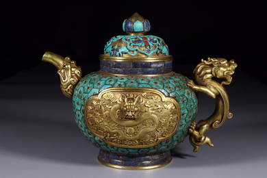 QIANLONG MARK GILT BTONZE POT WITH CALAITE INLAID