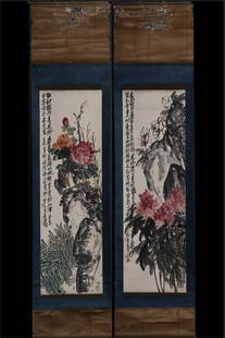 FLOWERS AND PLANTS TWO-PIECE PAPER SCROLL BY: Time: Late Qing Dynasty 19-20 Century/ Length 48.82 in / Width 9.45 in