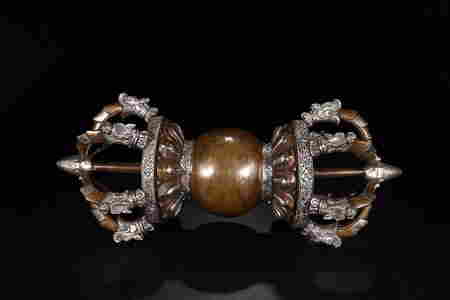 BRONZE WITH SILVER INLAID JINGANGCHU WITH AMBER AND