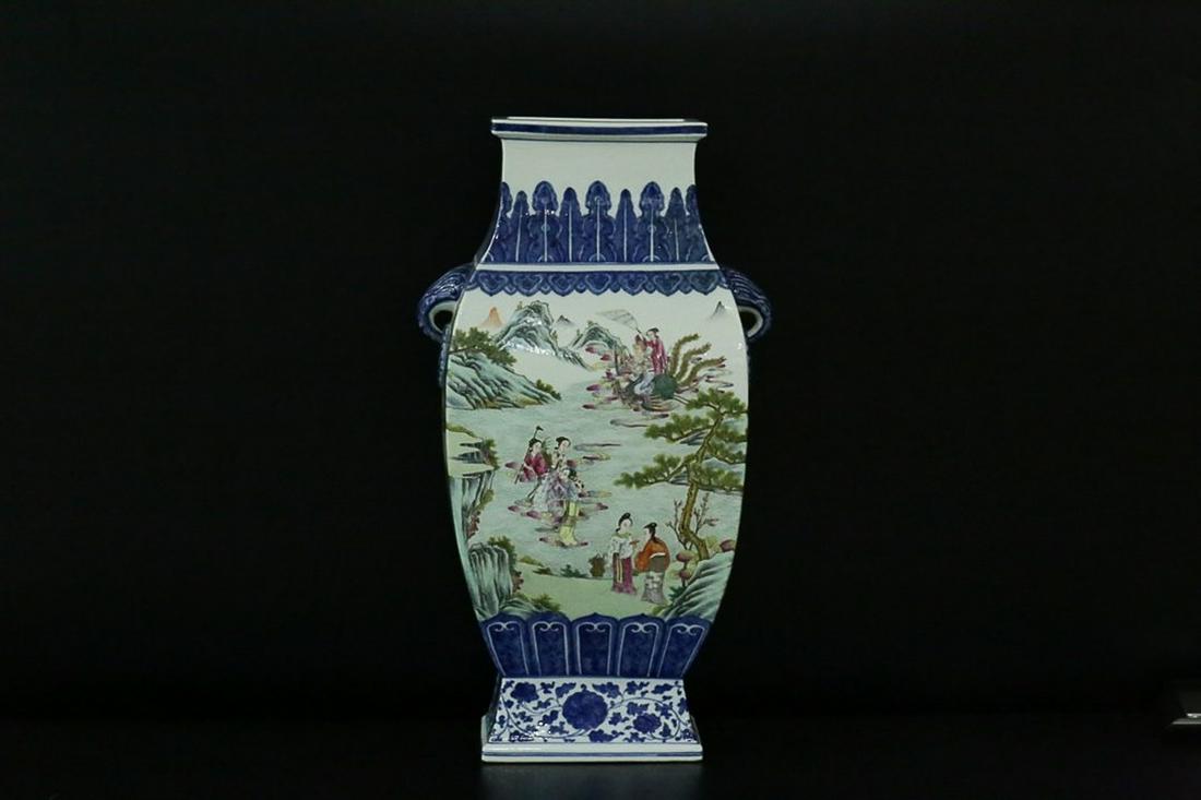 QIANLONG MARK BLUE WHITE FAMILLE ROSE QUN'XIAN'HUI: Time: Qianlong Period 18 Century / Height 20.87 in / Belly-Diameter 9.84 in